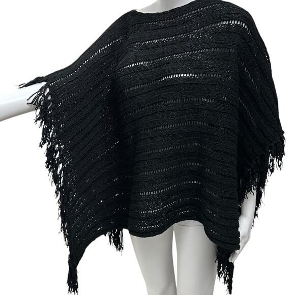 Lauren Ralph Lauren Asymmetrical Black Crochet Knit Tassel Fringe Poncho Shawl - Picture 2 of 10